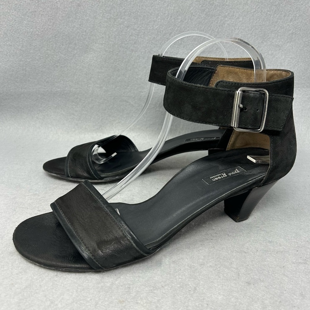 Paul Green Womens Black Leather Open Toe Ankle Strap Heeled Sandals, Size US 10